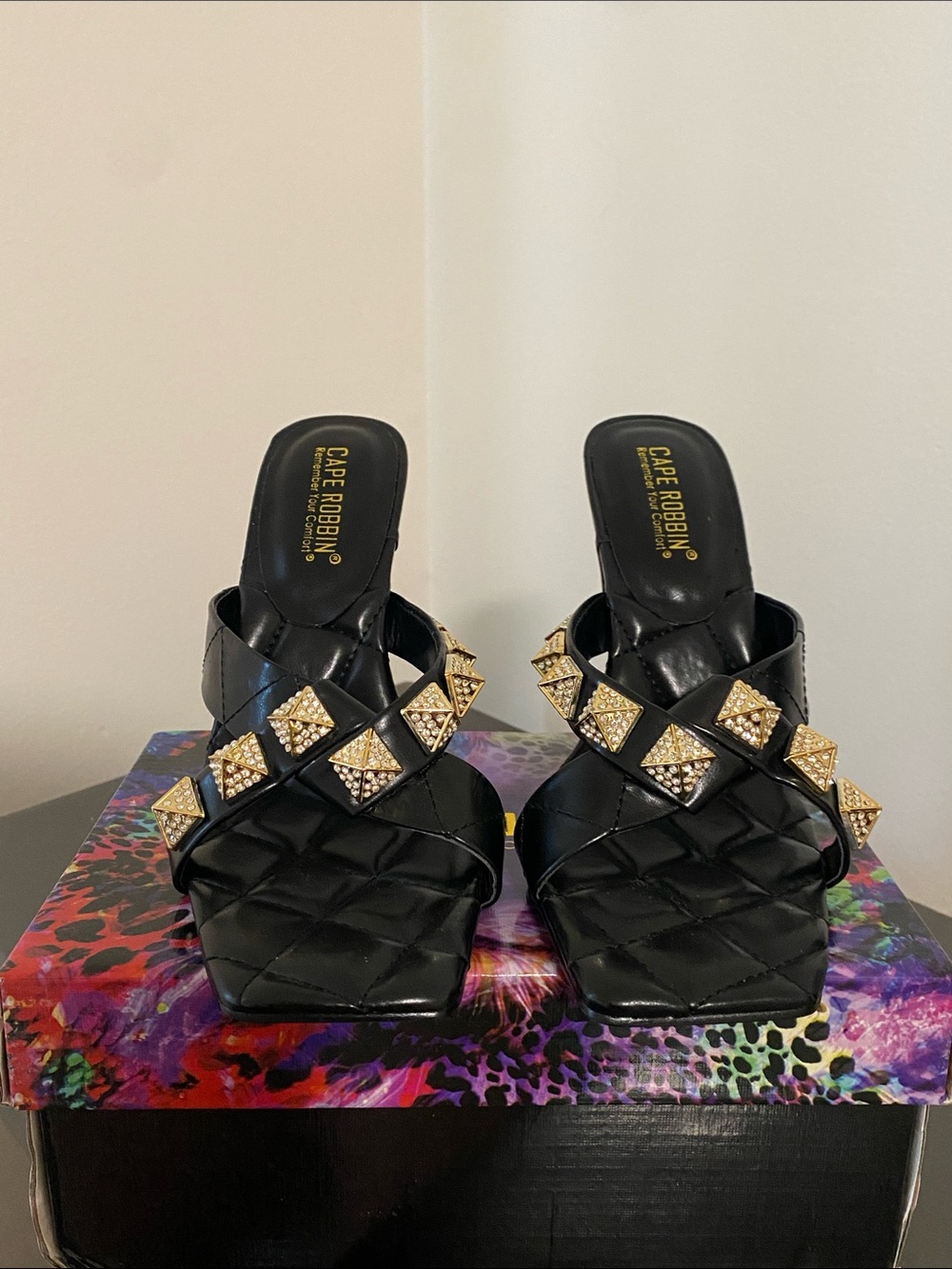Cape Robbin Black Quilted Slide Heels with Gold Pyramid Studs